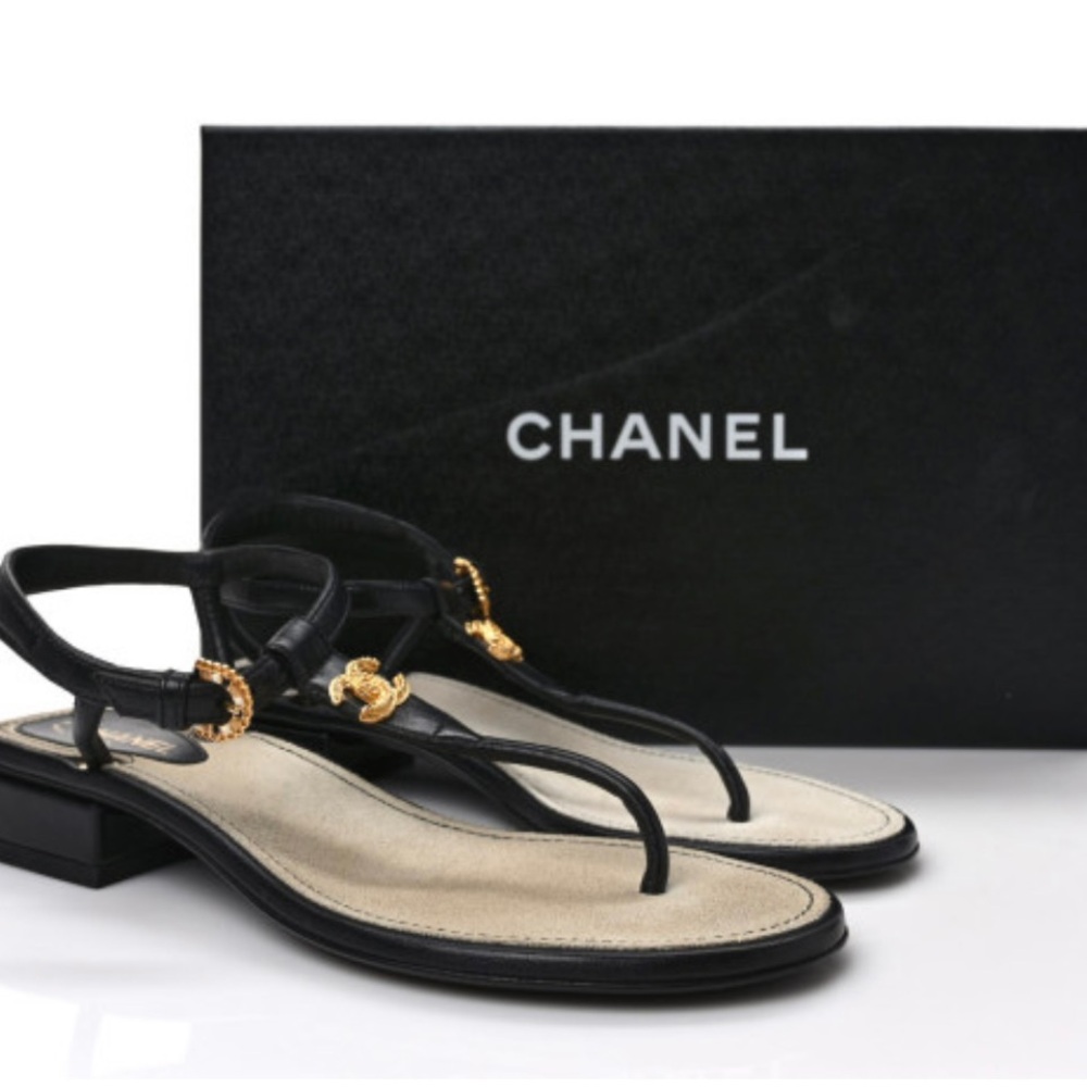 Chanel Lambskin Logo Black Sandals- NWT- size 7.5